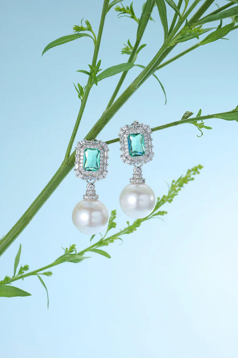 Clear Green Zirconia Pearl Earrings - S925 Sterling Silver